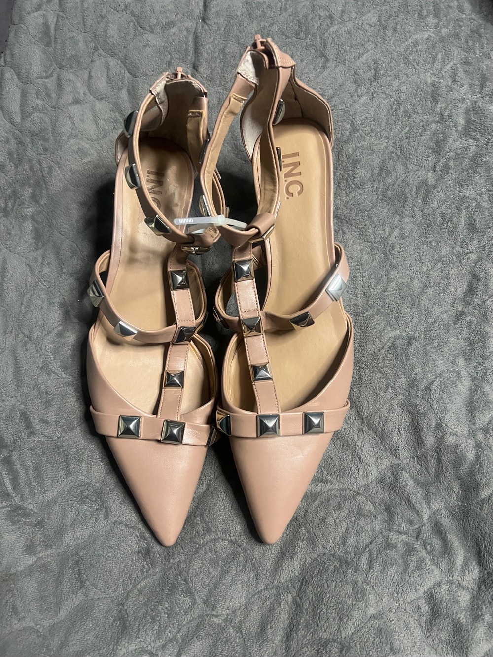 INC International Concepts Blush Pink Pointed T-Strap Flats with Silver Studs